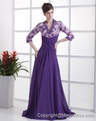 Lace With Beading Decorate Up Bodice V-neck 3/ 4 Sleeves Purple Brush Train 2013 Prom Dress