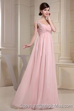 Beaded Decprate One Shoulder and Ruched Bodice For Baby Pink Prom Dress