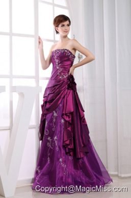 A-Line Strapless Taffeta Fuchsia Floor-length Embroidery Prom Dress