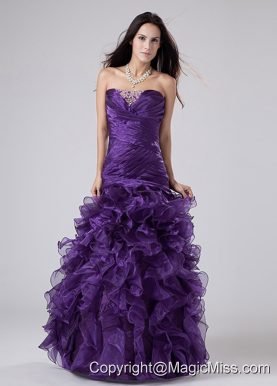 Fashionable Beading And Ruffles Organza Strapless Floor-length Column Prom Dress Purple