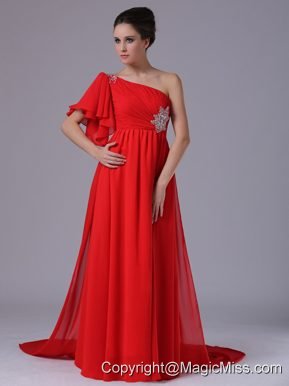 Chiffon One Shoulder Beading Red Watteau 2013 Prom Dress
