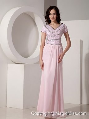 Baby Pink Empire V-neck Floor-length Chiffon Beading Prom Dress