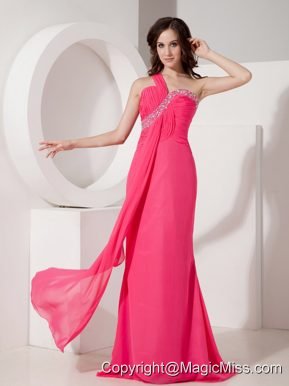Hot Pink Column One Shoulder Floor-length Chiffon Beading Prom Dress