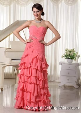 Watermelon Red Chiffon Layered Column Prom Dress With Sweetheart Ruched Up Bodice and Beading Decorate Waist