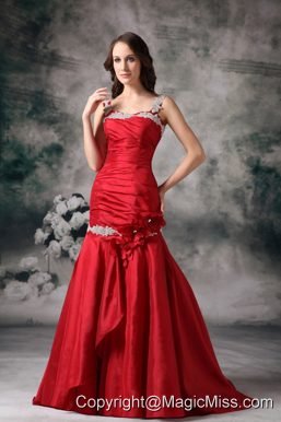 Red Mermaid Straps Brush Train Taffeta Appliques Prom / Evening Dress