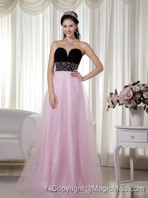 Pink and Black A-line Sweetheart Floor-length Taffeta and Tulle Beading Prom Dress