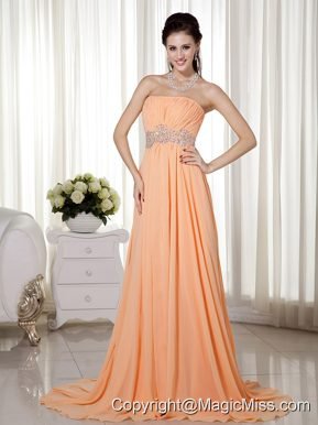 Light Orange Empire Strapless Brush Train Chiffon Beading and Ruch Prom / Celebrity Dress