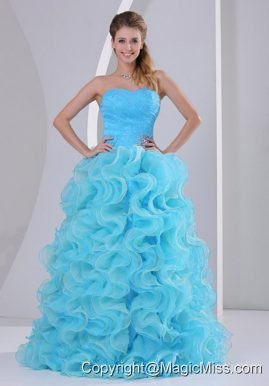 Beautiful Aqua Blue Sweetheart 2013 Prom Dress For Prom Party Beaded Decorate Up Bodice and Organza Ruffles