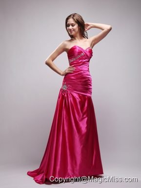Hot Pink Beading and Ruch Prom Dress Column Sweetheart Brush Train