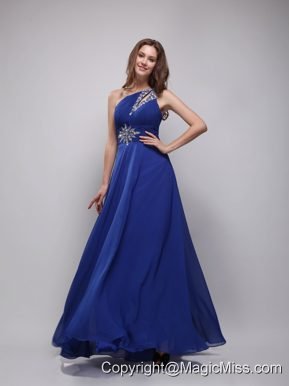 Blue Empire One Shoulder Floor-length Chiffon Beading Prom Dress