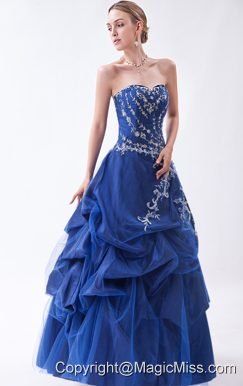 Blue A-line Strapless Floor-length Taffeta and Tulle Appliques Prom Dress