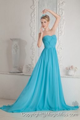 Baby Blue A-line Sweetheart Court Train Chiffon Ruch Prom Dress