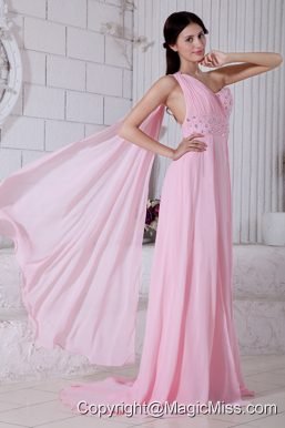 2013 Rose Pink Empire One Shoulder Beading Prom / Evening Dress Watteau Train Chiffon