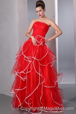 2013 Red Strapless Ruffled Prom Dress with white hem