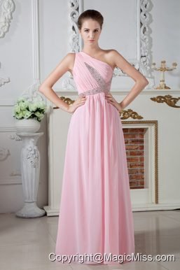 Cheap Baby Pink One Shoulder Chiffon Prom Dress Beaded X Shap