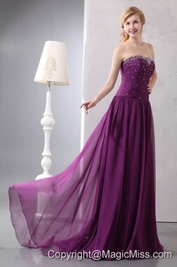 Purple Empire Strapless Brush Train Chiffon Beading Prom Dress