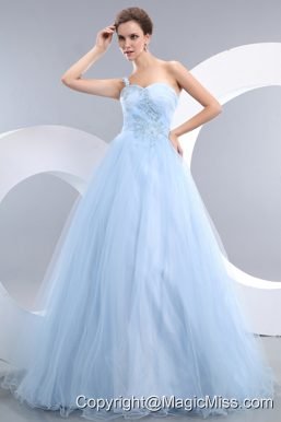 Beautiful Baby Blue A-line One Shoulder Prom / Evening Dress Tulle Appliques Floor-length