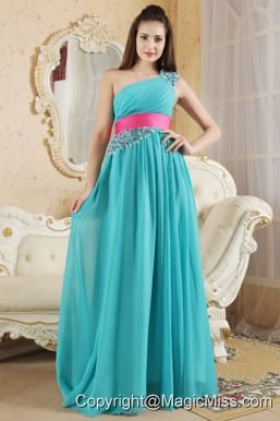Teal Empire One Shoulder Floor-Length Chiffon Ruch and Beading Prom Dress