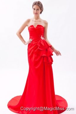 Red A-line / Princess Strapless Brush Train Satin Beading Prom Dress
