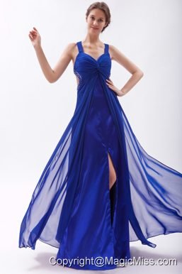 Royal Blue Empire Straps Floor-length Chiffon Beading Prom Dress