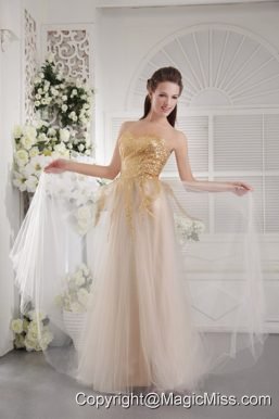 Champagne Empire Sweetheart Floor-length Tulle Fabric Sequins Prom / Graduation Dress