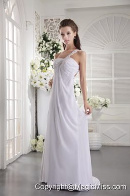 White Empire One Shoulder Brush Train Chiffon Ruch and Appliques Prom / Graduation Dress