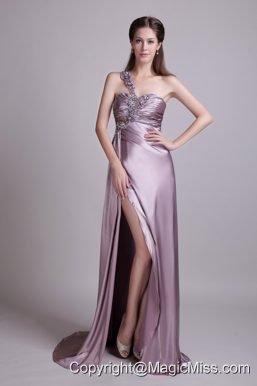 Lavender Empire One Shoulder Brusn Train Elastic Woven Satin Beading Prom Dress