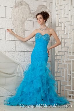 Sky Blue Sweetheart Brush Train Organza Beading Prom Dress