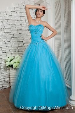 Aqua Blue A-line Sweetheart Floor-length Tulle Beading Prom / Evening Dress