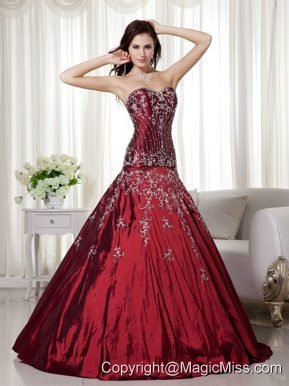 Wine Red A-line Sweetheart Floor-length Taffeta Beading and Embroidery Quinceanera Dress
