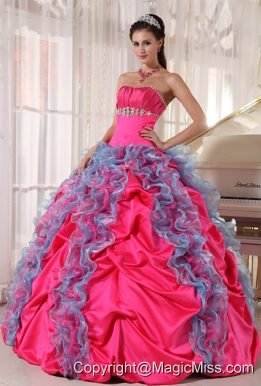 Hot Pink and Aqua Blue Ball Gown Strapless Floor-length Organza and Taffeta Beading and Ruffles Quinceanera Dress