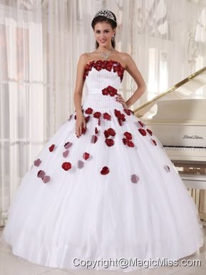 White and Wine Red Ball Gown Strapless Floor-length Tulle Beading and Hand Made Flowers Quinceanera Dress