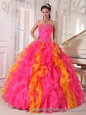 Hot Pink and Orange Ball Gown Sweetheart Floor-length Organza Sequins Quinceanera Dress