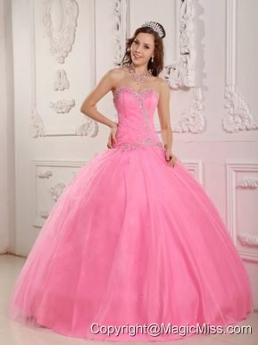 Lovely Ball Gown Sweetheart Floor-length Tulle Appliques Rose Pink Quinceanera Dress