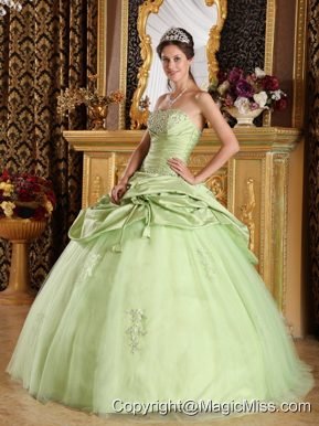 Yellow Green Ball Gown Strapless Floor-length Tulle and Taffeta Beading Quinceanera Dress