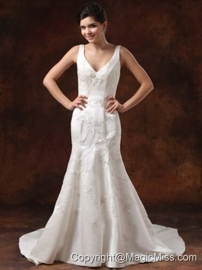 V-neck Embroidery and A-line For Wedding Dress Court Train