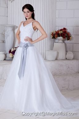 Modest A-line Straps Court Train Organza Sashes Wedding Dress