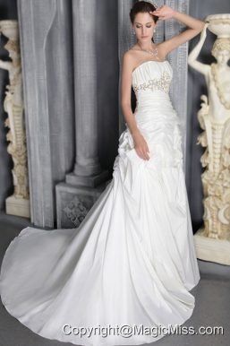 Romantic Column/Sheath Strapless Court Train Taffeta Beading Wedding Dress