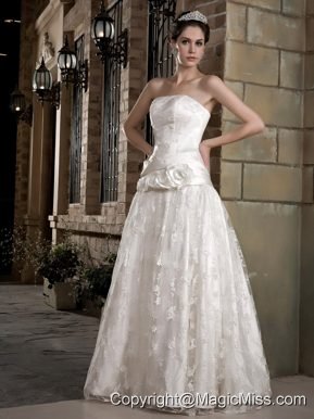 Gorgeous A-line Strapless Floor-length Taffeta and Lace Hand Made Flowers Wedding Dress