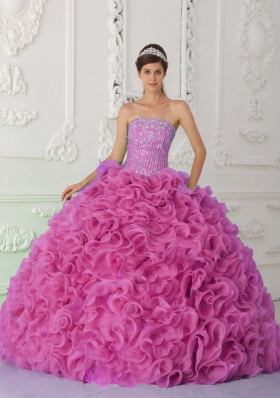 Custom Make Ball Gown Strapless Organza Beaded Hot Pink Quinceanera Dress