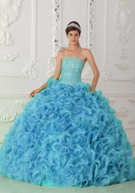 Organza Ball Gown Strapless Beading Blue Sweet Fifteen Dresses with Ruffles