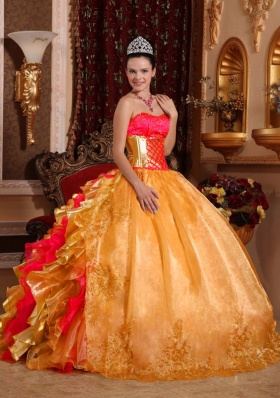 2014 Spring Ball Gown Strapless Floor-length Organza Embroidery Gold Quinceanera Dress