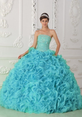 Strapless Organza Beading Ball Gown 2014 Quinceanera Dresses in Blue