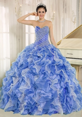 Beaded Bodice and Ruffles Custom Made Blue and White Wholesale Quinceanera Dress