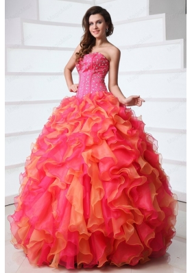Strapless Beading and Ruffles Quinceanera Dress in Red and Orange Red