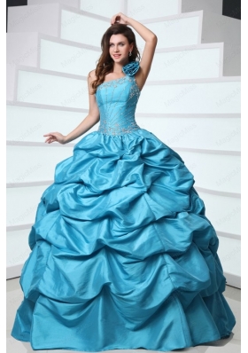 Beading and Pick Ups One Shoulder Teal Taffeta Quinceanera Dress