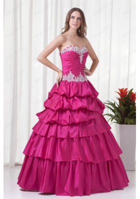 A Line Sweetheart Hot Pink Taffeta Appliques Long Quinceanera Dress