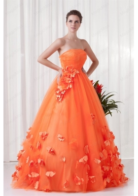 Strapless Orange Red A Line Quinceanera Dress with Hand Made Flowers