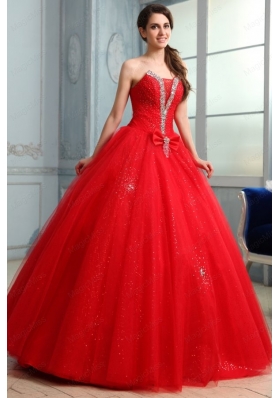 Strapless Beaded Decorate Floor Length Quinceanera Dress in Red