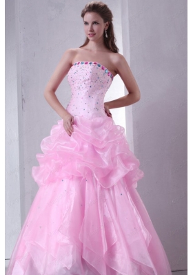 Baby Pink Strapless Beading and Pick Ups Organza Quinceanera Dress